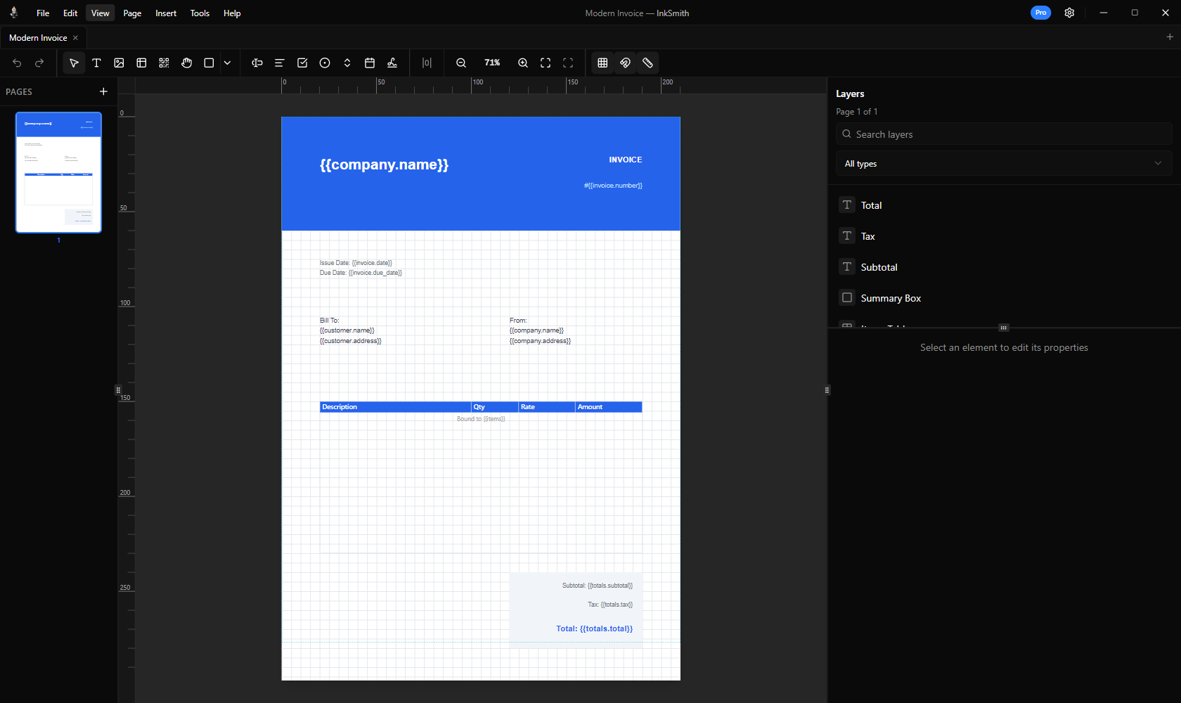 InkSmith visual editor showing an invoice on the page canvas with layers and properties