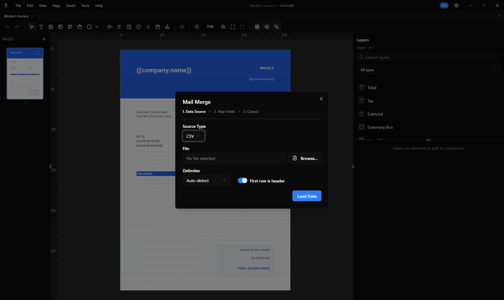 InkSmith mail merge workflow with data records