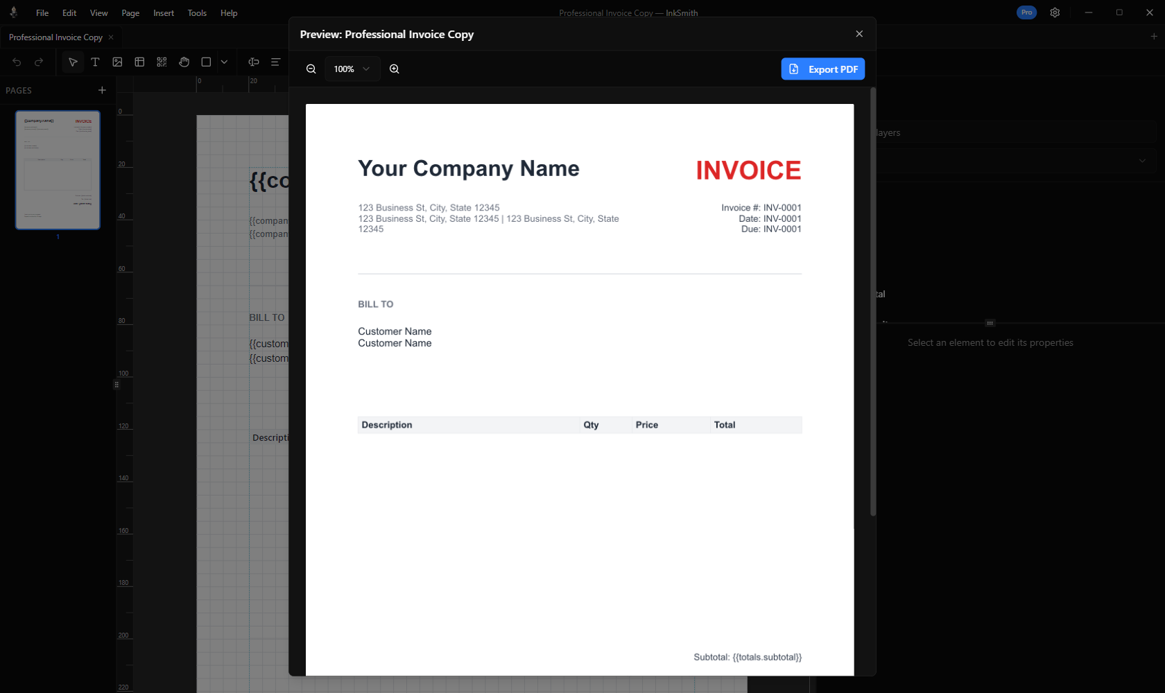 InkSmith showing a full-size PDF preview before export