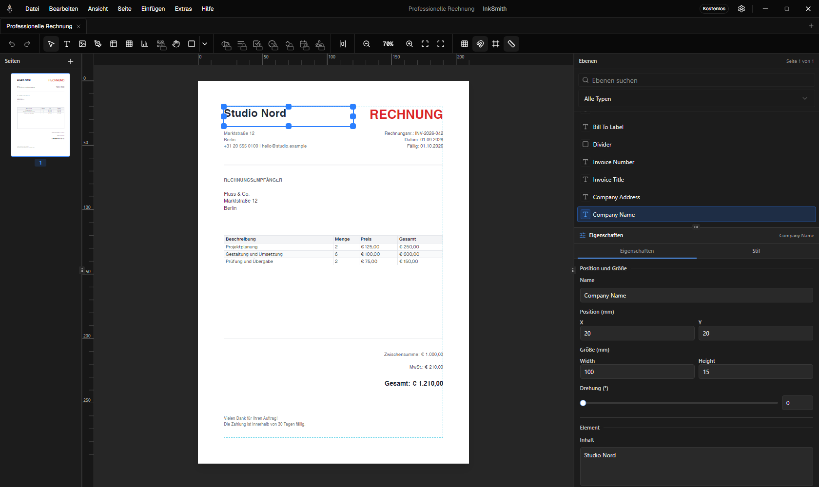 Visueller InkSmith-Editor mit Rechnung auf der Seitenfläche sowie Ebenen und Eigenschaften