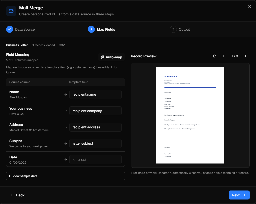 InkSmith mail merge view showing records and preview