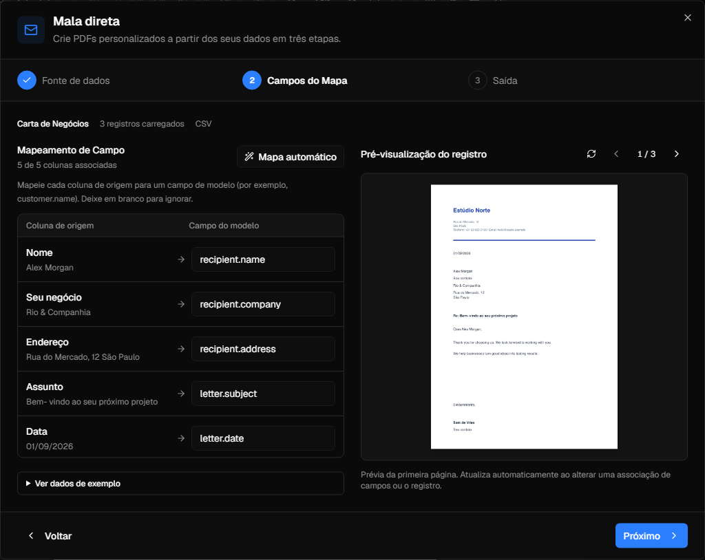Fluxo de trabalho de mala direta do InkSmith com registros de dados