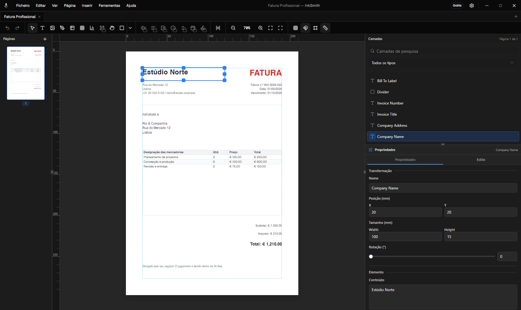 Editor visual do InkSmith a mostrar uma fatura no ecrã da página com camadas e propriedades