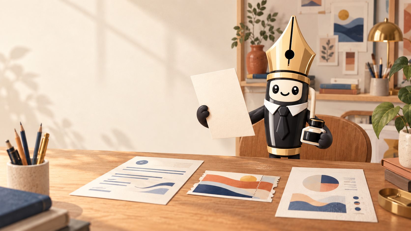 The InkSmith pen mascot arranging invoices, tickets, and reports in a sunlit studio