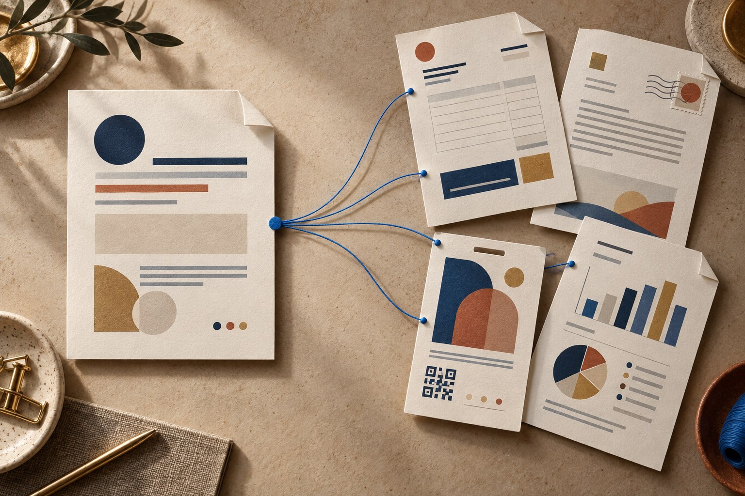 Warm illustration of invoice, letter, ticket, and report designs on a worktable