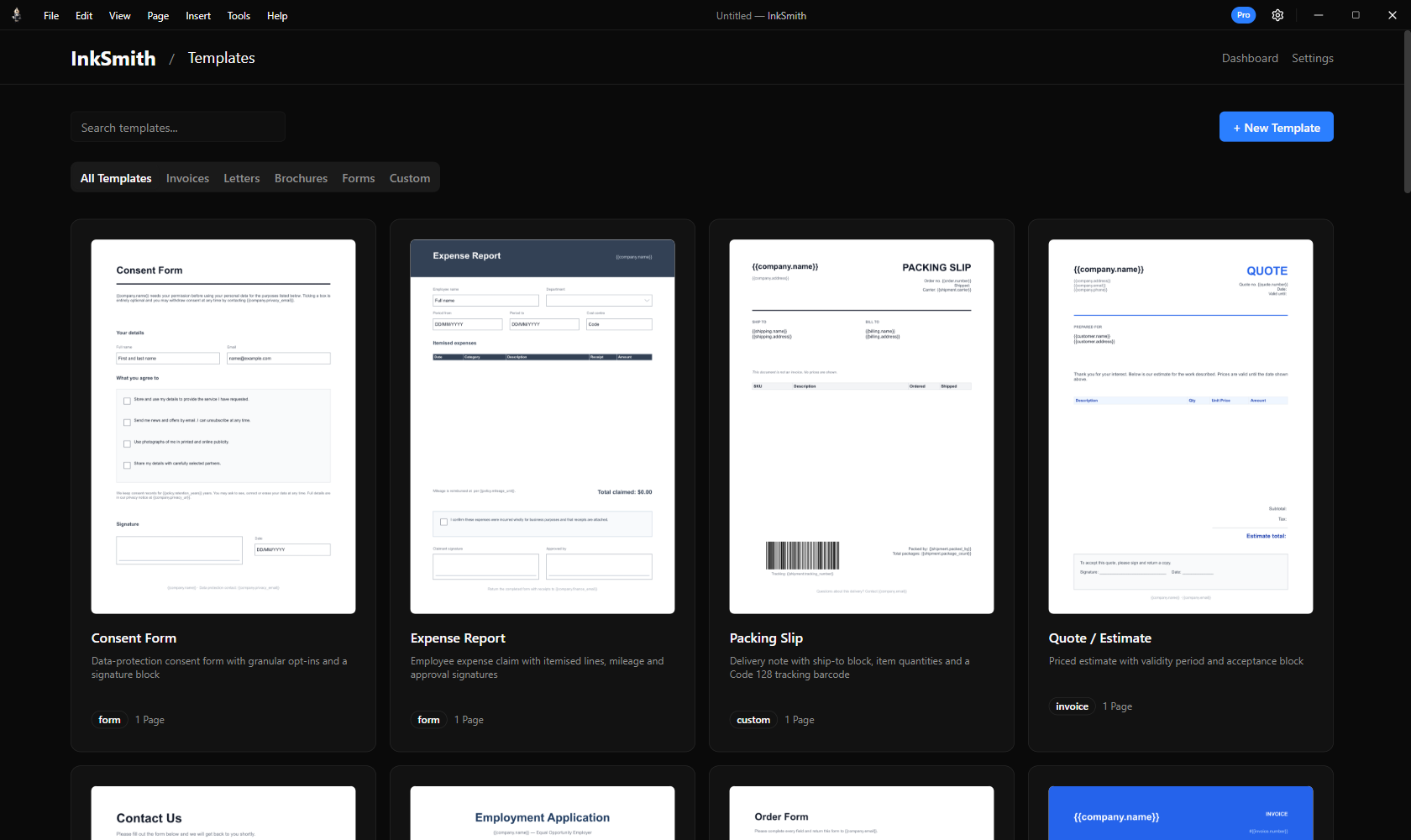 InkSmith's template library with document designs