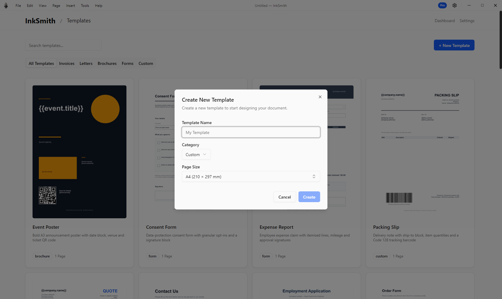 InkSmith quick start wizard showing a design selection